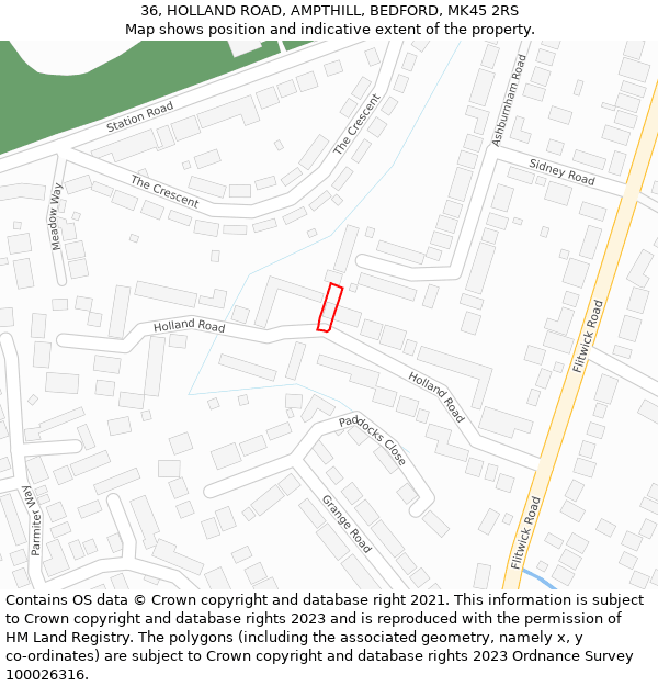 36, HOLLAND ROAD, AMPTHILL, BEDFORD, MK45 2RS: Location map and indicative extent of plot