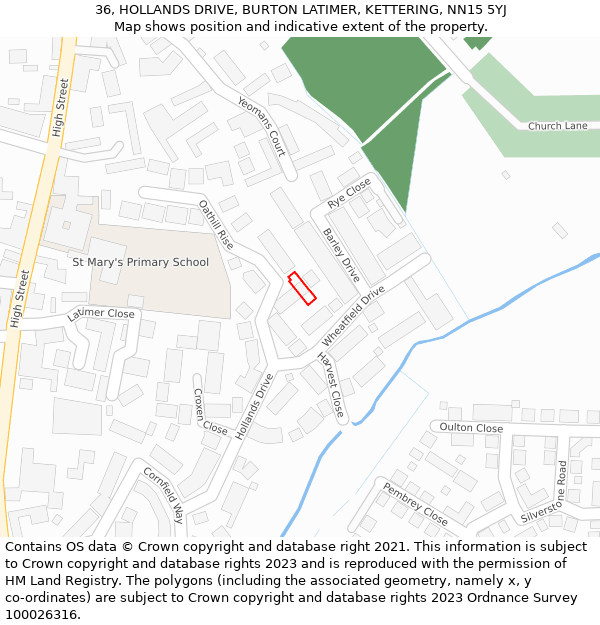 36, HOLLANDS DRIVE, BURTON LATIMER, KETTERING, NN15 5YJ: Location map and indicative extent of plot