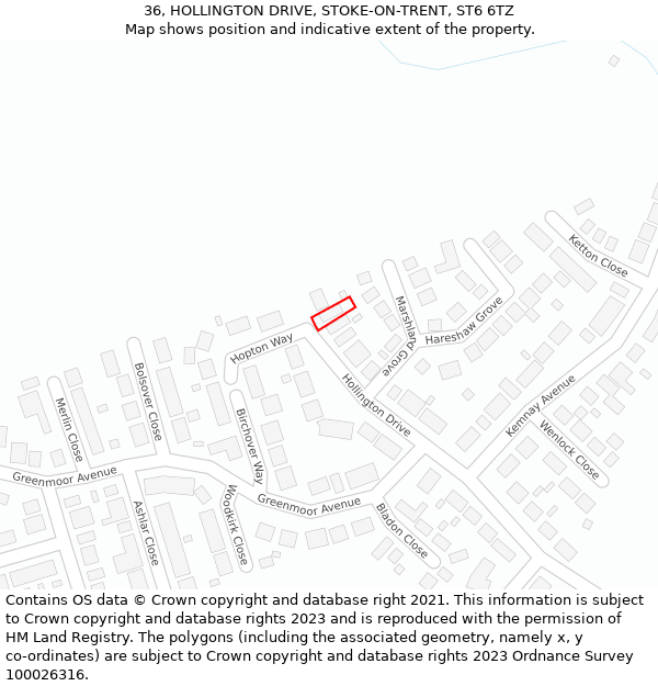 36, HOLLINGTON DRIVE, STOKE-ON-TRENT, ST6 6TZ: Location map and indicative extent of plot