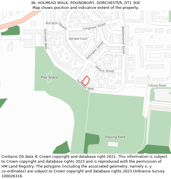 36, HOLMEAD WALK, POUNDBURY, DORCHESTER, DT1 3GE: Location map and indicative extent of plot
