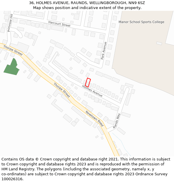 36, HOLMES AVENUE, RAUNDS, WELLINGBOROUGH, NN9 6SZ: Location map and indicative extent of plot