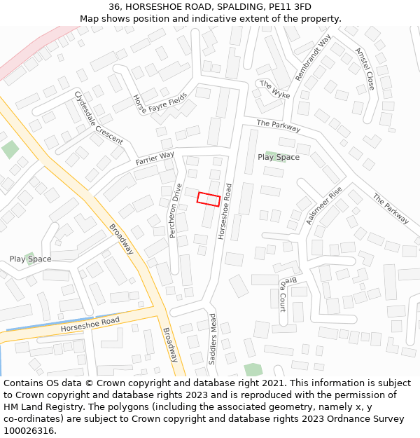 36, HORSESHOE ROAD, SPALDING, PE11 3FD: Location map and indicative extent of plot