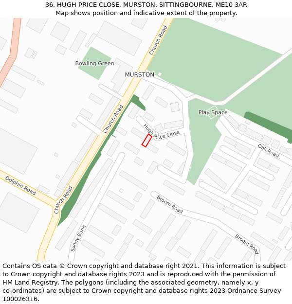 36, HUGH PRICE CLOSE, MURSTON, SITTINGBOURNE, ME10 3AR: Location map and indicative extent of plot