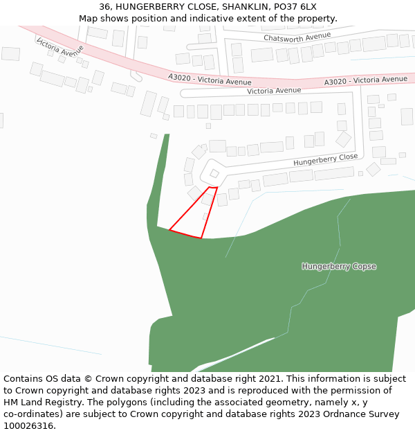 36, HUNGERBERRY CLOSE, SHANKLIN, PO37 6LX: Location map and indicative extent of plot