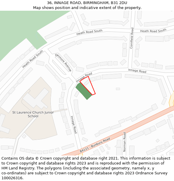 36, INNAGE ROAD, BIRMINGHAM, B31 2DU: Location map and indicative extent of plot