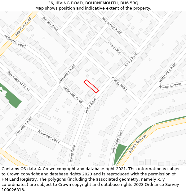 36, IRVING ROAD, BOURNEMOUTH, BH6 5BQ: Location map and indicative extent of plot