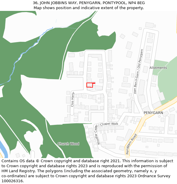 36, JOHN JOBBINS WAY, PENYGARN, PONTYPOOL, NP4 8EG: Location map and indicative extent of plot
