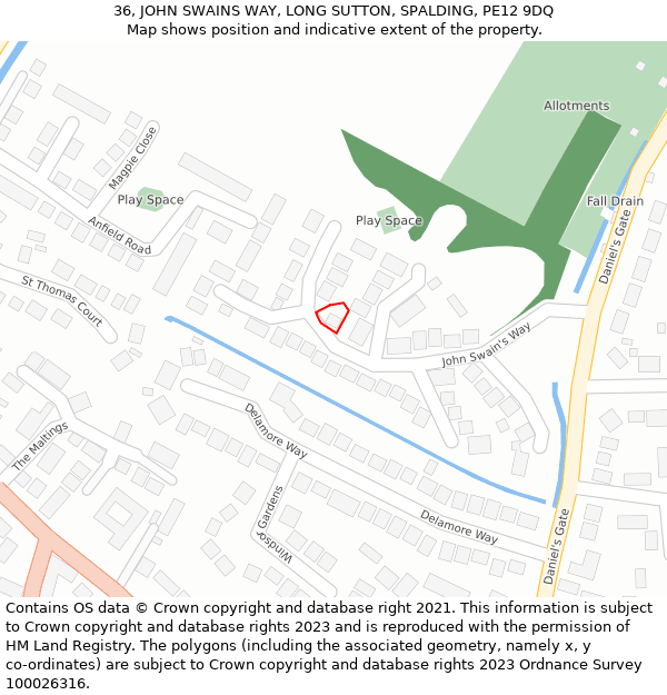 36, JOHN SWAINS WAY, LONG SUTTON, SPALDING, PE12 9DQ: Location map and indicative extent of plot