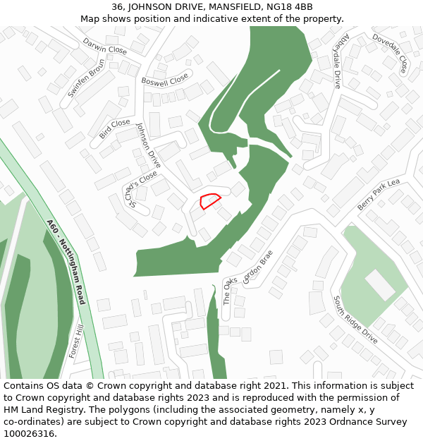 36, JOHNSON DRIVE, MANSFIELD, NG18 4BB: Location map and indicative extent of plot