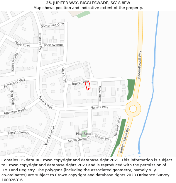 36, JUPITER WAY, BIGGLESWADE, SG18 8EW: Location map and indicative extent of plot