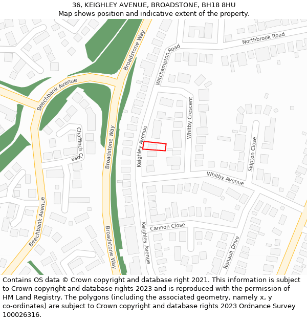 36, KEIGHLEY AVENUE, BROADSTONE, BH18 8HU: Location map and indicative extent of plot
