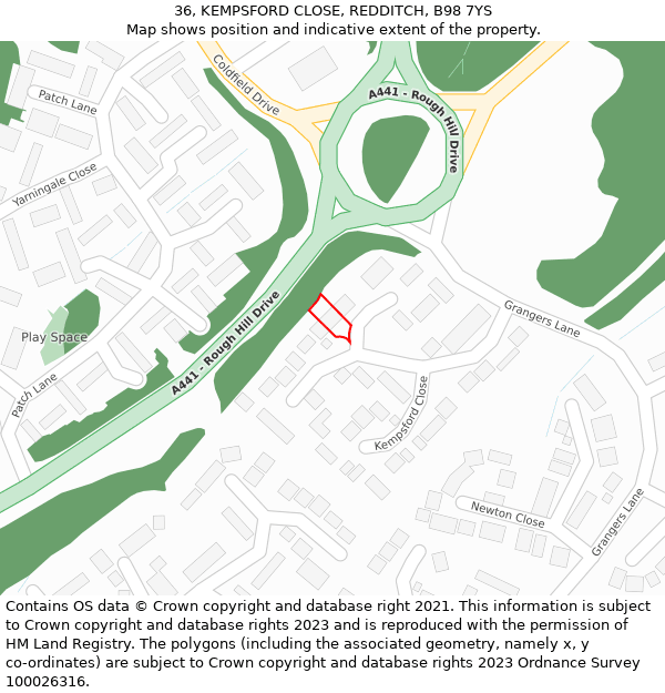 36, KEMPSFORD CLOSE, REDDITCH, B98 7YS: Location map and indicative extent of plot