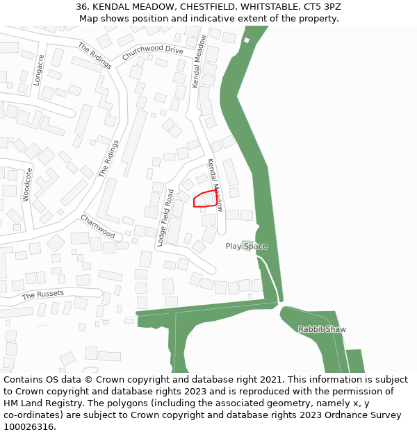 36, KENDAL MEADOW, CHESTFIELD, WHITSTABLE, CT5 3PZ: Location map and indicative extent of plot