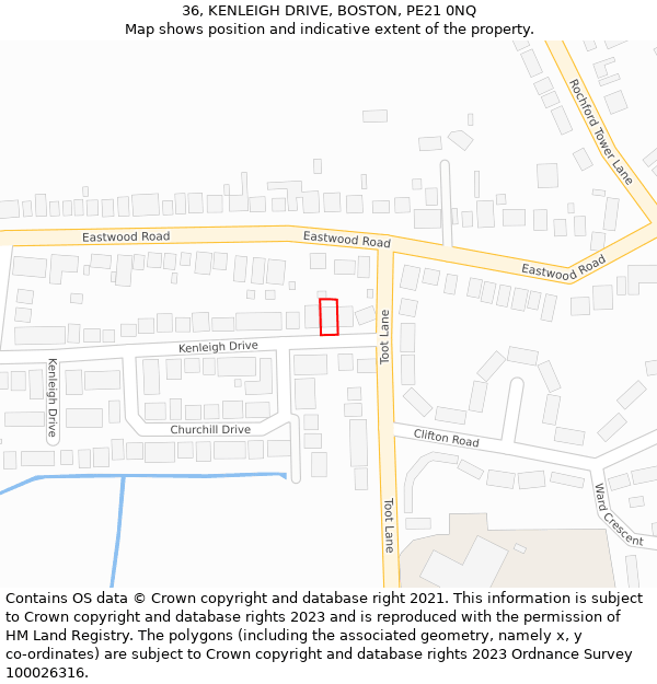 36, KENLEIGH DRIVE, BOSTON, PE21 0NQ: Location map and indicative extent of plot