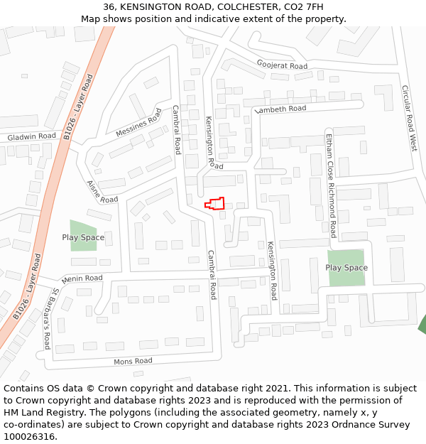36, KENSINGTON ROAD, COLCHESTER, CO2 7FH: Location map and indicative extent of plot
