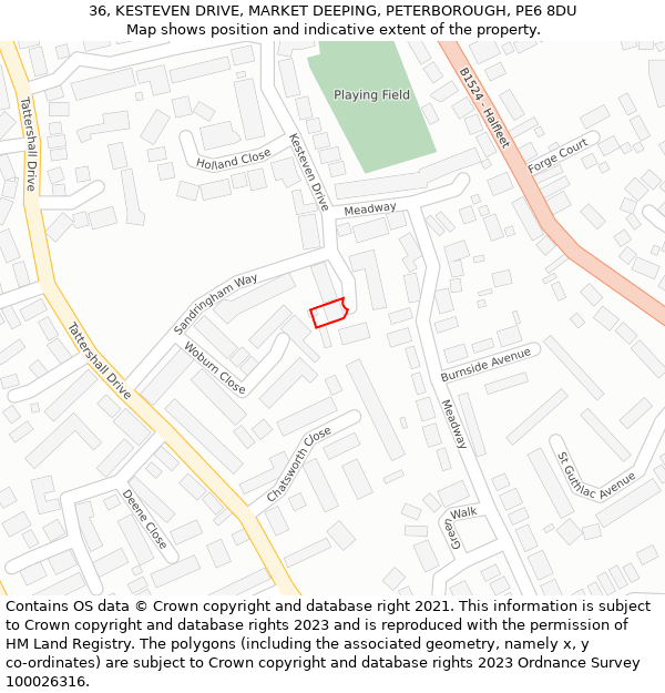 36, KESTEVEN DRIVE, MARKET DEEPING, PETERBOROUGH, PE6 8DU: Location map and indicative extent of plot