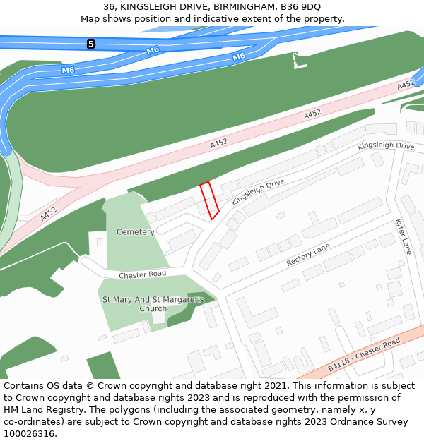 36, KINGSLEIGH DRIVE, BIRMINGHAM, B36 9DQ: Location map and indicative extent of plot