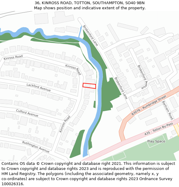 36, KINROSS ROAD, TOTTON, SOUTHAMPTON, SO40 9BN: Location map and indicative extent of plot