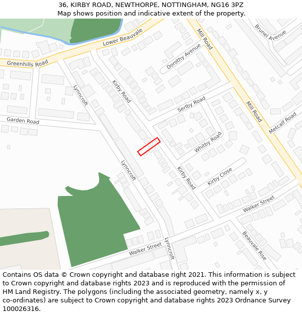36, KIRBY ROAD, NEWTHORPE, NOTTINGHAM, NG16 3PZ: Location map and indicative extent of plot