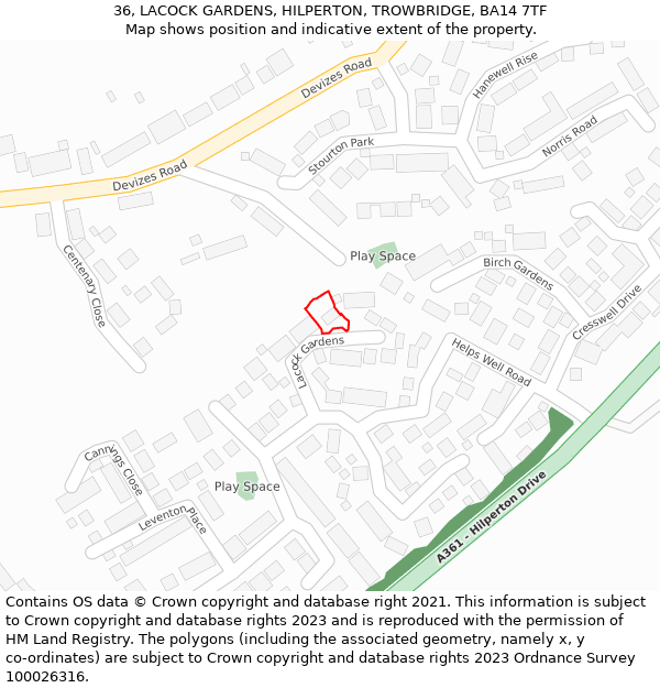 36, LACOCK GARDENS, HILPERTON, TROWBRIDGE, BA14 7TF: Location map and indicative extent of plot