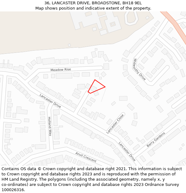 36, LANCASTER DRIVE, BROADSTONE, BH18 9EL: Location map and indicative extent of plot