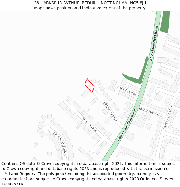 36, LARKSPUR AVENUE, REDHILL, NOTTINGHAM, NG5 8JU: Location map and indicative extent of plot