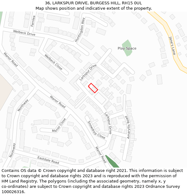 36, LARKSPUR DRIVE, BURGESS HILL, RH15 0UL: Location map and indicative extent of plot