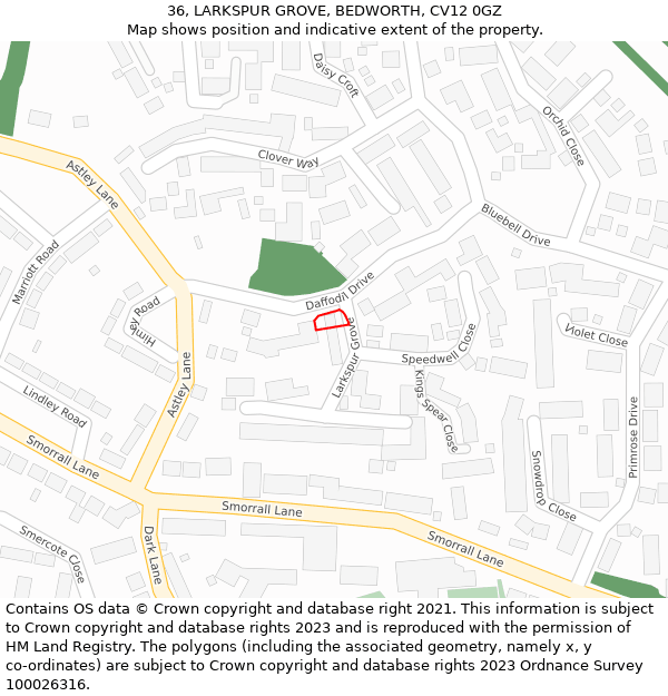 36, LARKSPUR GROVE, BEDWORTH, CV12 0GZ: Location map and indicative extent of plot