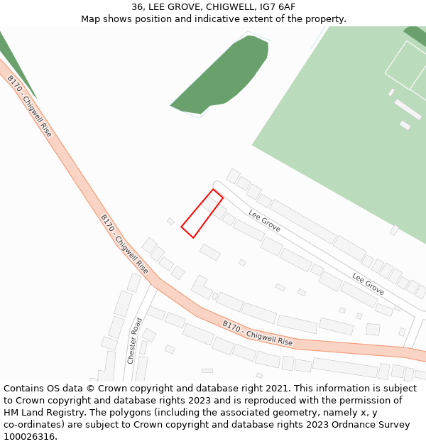 36, LEE GROVE, CHIGWELL, IG7 6AF: Location map and indicative extent of plot