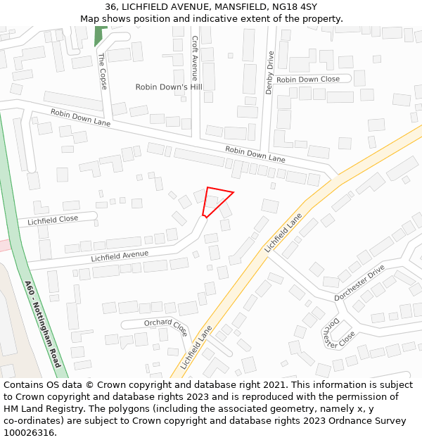 36, LICHFIELD AVENUE, MANSFIELD, NG18 4SY: Location map and indicative extent of plot