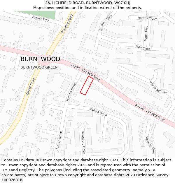 36, LICHFIELD ROAD, BURNTWOOD, WS7 0HJ: Location map and indicative extent of plot