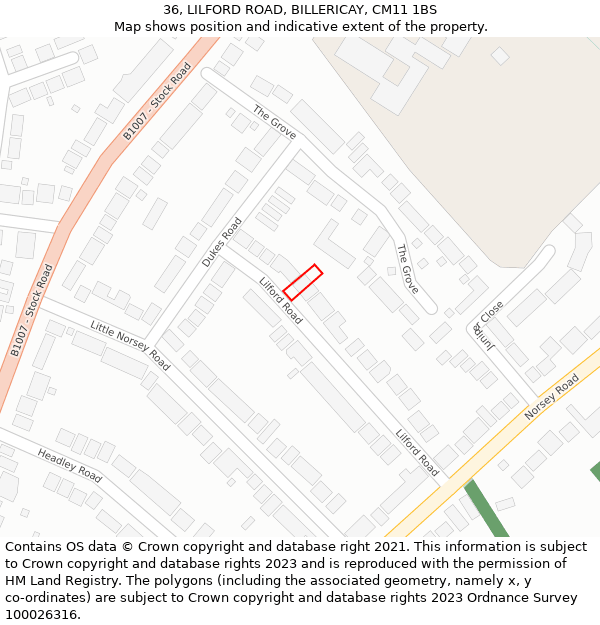 36, LILFORD ROAD, BILLERICAY, CM11 1BS: Location map and indicative extent of plot