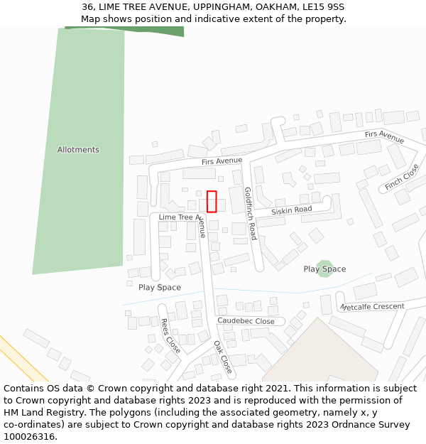 36, LIME TREE AVENUE, UPPINGHAM, OAKHAM, LE15 9SS: Location map and indicative extent of plot