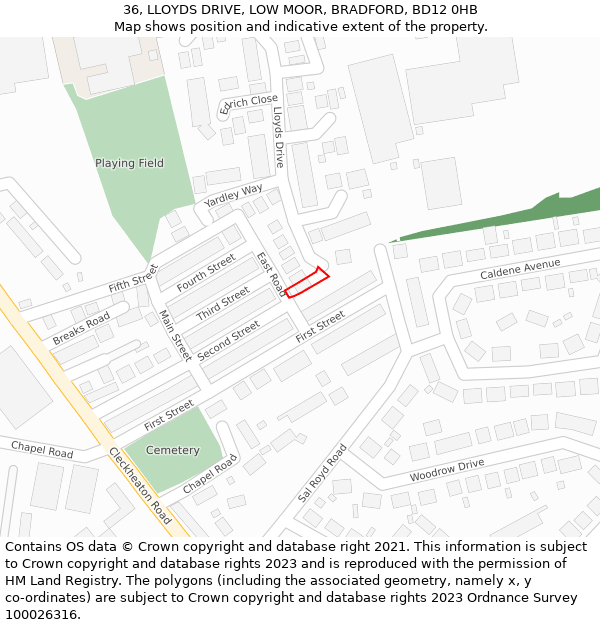 36, LLOYDS DRIVE, LOW MOOR, BRADFORD, BD12 0HB: Location map and indicative extent of plot