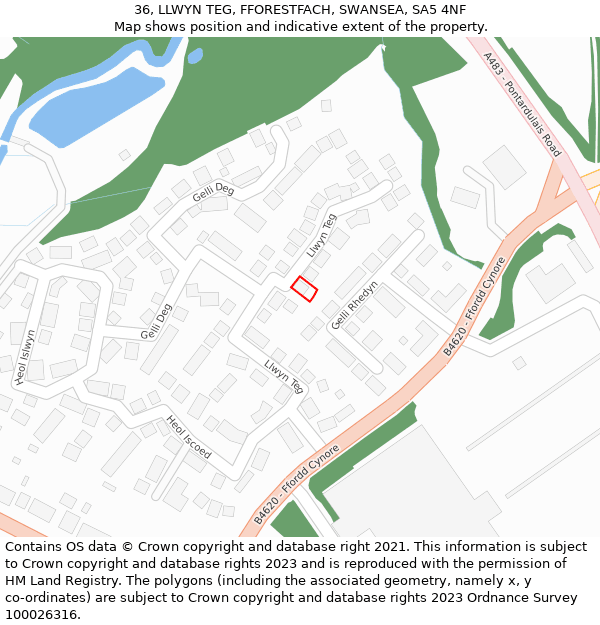 36, LLWYN TEG, FFORESTFACH, SWANSEA, SA5 4NF: Location map and indicative extent of plot