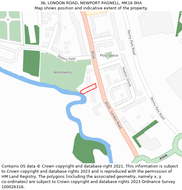 36, LONDON ROAD, NEWPORT PAGNELL, MK16 0HA: Location map and indicative extent of plot