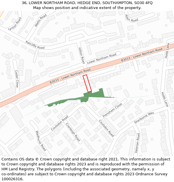 36, LOWER NORTHAM ROAD, HEDGE END, SOUTHAMPTON, SO30 4FQ: Location map and indicative extent of plot