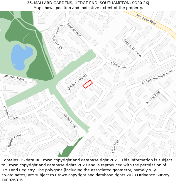 36, MALLARD GARDENS, HEDGE END, SOUTHAMPTON, SO30 2XJ: Location map and indicative extent of plot