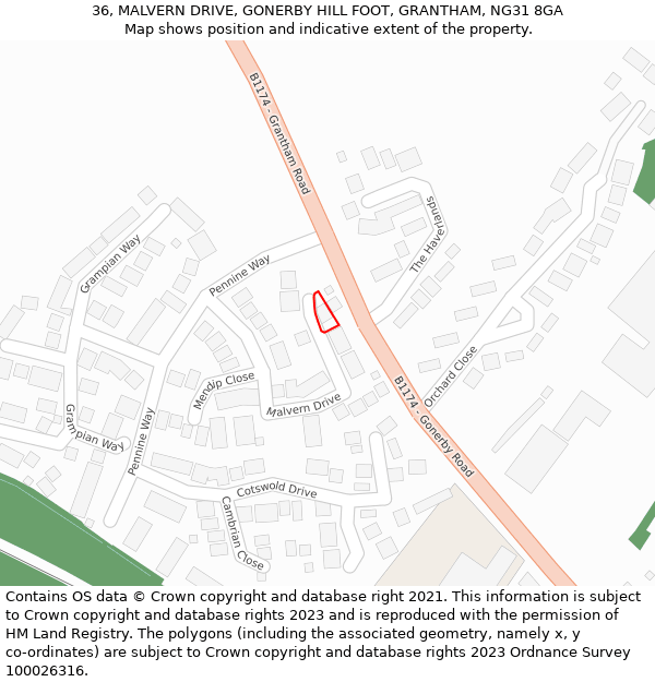 36, MALVERN DRIVE, GONERBY HILL FOOT, GRANTHAM, NG31 8GA: Location map and indicative extent of plot