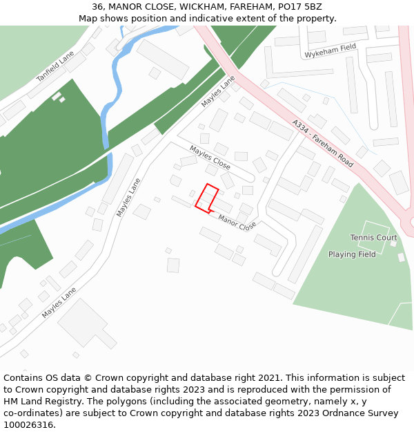 36, MANOR CLOSE, WICKHAM, FAREHAM, PO17 5BZ: Location map and indicative extent of plot