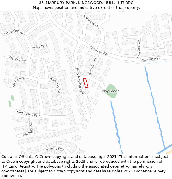 36, MARBURY PARK, KINGSWOOD, HULL, HU7 3DG: Location map and indicative extent of plot