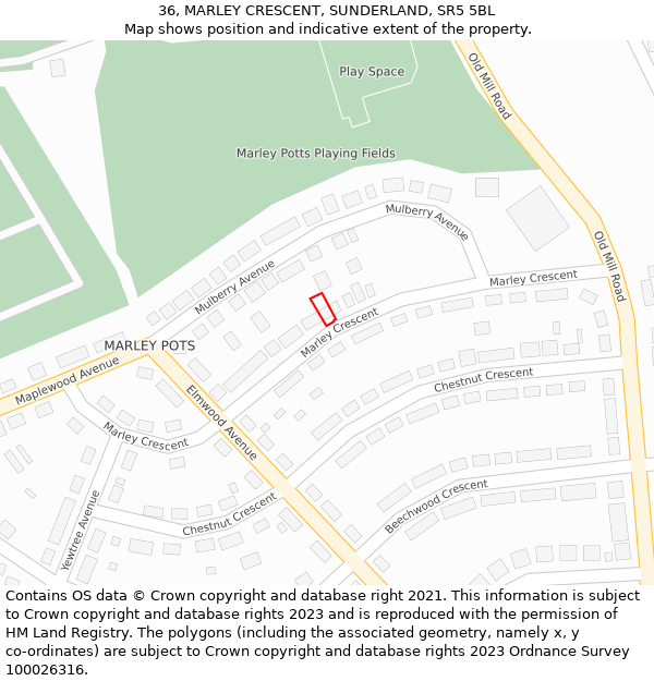 36, MARLEY CRESCENT, SUNDERLAND, SR5 5BL: Location map and indicative extent of plot