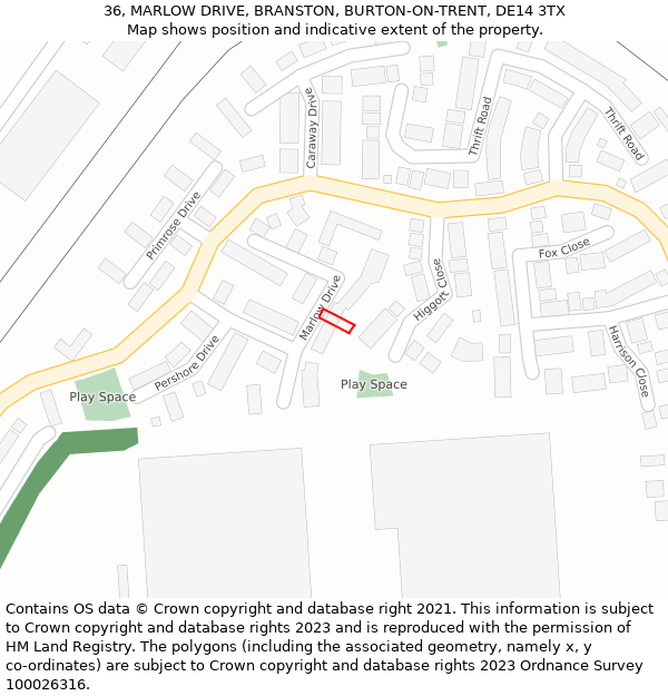 36, MARLOW DRIVE, BRANSTON, BURTON-ON-TRENT, DE14 3TX: Location map and indicative extent of plot