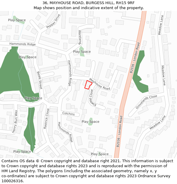 36, MAYHOUSE ROAD, BURGESS HILL, RH15 9RF: Location map and indicative extent of plot