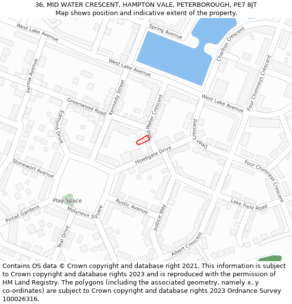 36, MID WATER CRESCENT, HAMPTON VALE, PETERBOROUGH, PE7 8JT: Location map and indicative extent of plot