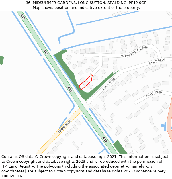 36, MIDSUMMER GARDENS, LONG SUTTON, SPALDING, PE12 9GF: Location map and indicative extent of plot