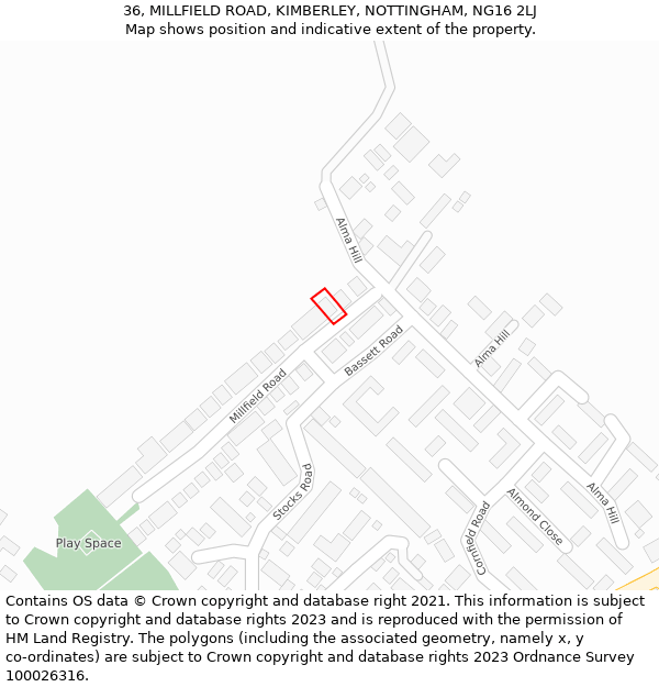 36, MILLFIELD ROAD, KIMBERLEY, NOTTINGHAM, NG16 2LJ: Location map and indicative extent of plot