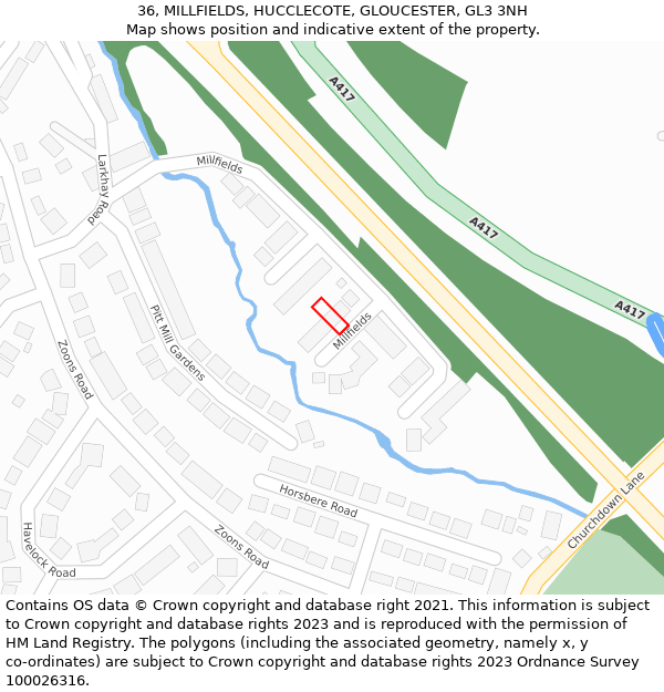 36, MILLFIELDS, HUCCLECOTE, GLOUCESTER, GL3 3NH: Location map and indicative extent of plot