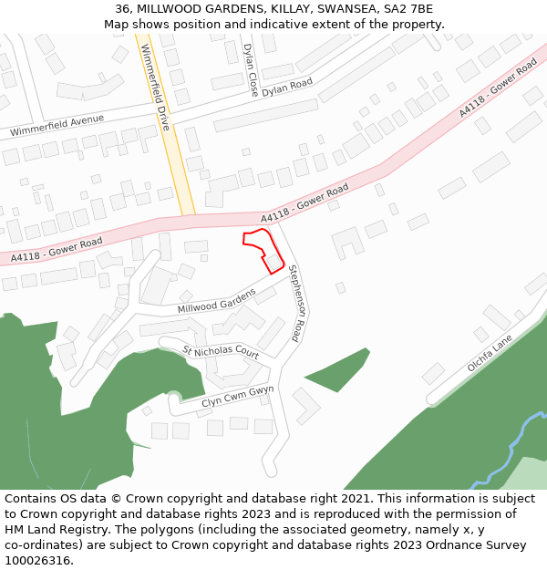 36, MILLWOOD GARDENS, KILLAY, SWANSEA, SA2 7BE: Location map and indicative extent of plot