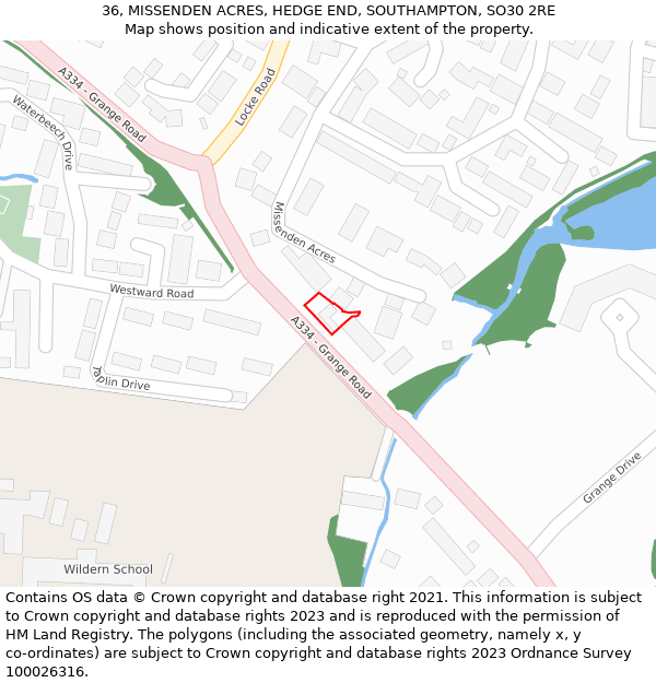 36, MISSENDEN ACRES, HEDGE END, SOUTHAMPTON, SO30 2RE: Location map and indicative extent of plot